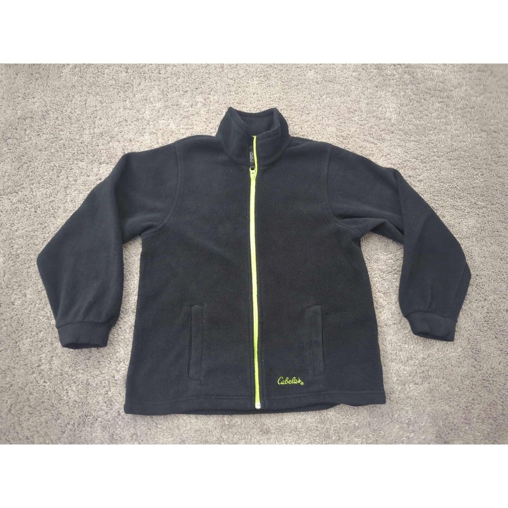 Cabela's Fleece Jacket Youth‎ Boys M Black Lime Green Full Zip Logo Outdoor
